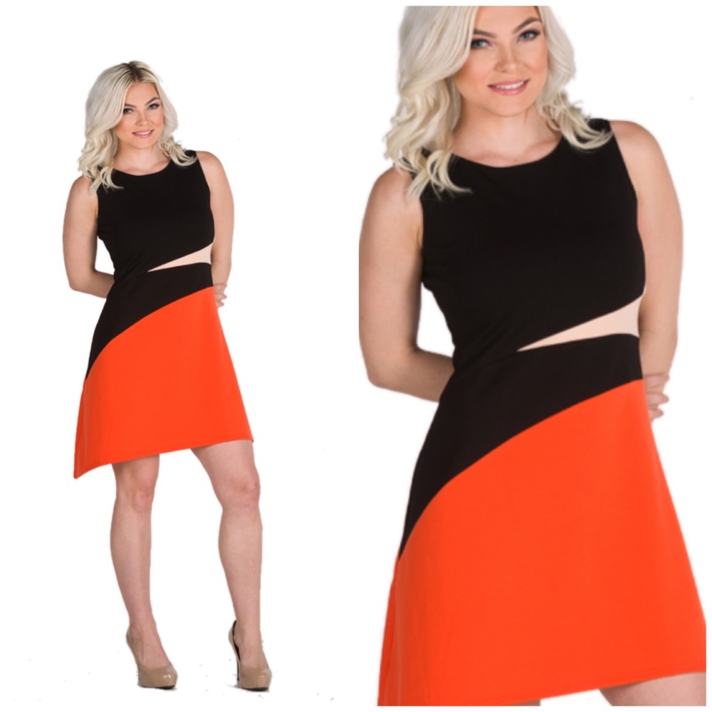 BLOCK BLACK WHITE ORANGE Dress retro  cocktail NEW